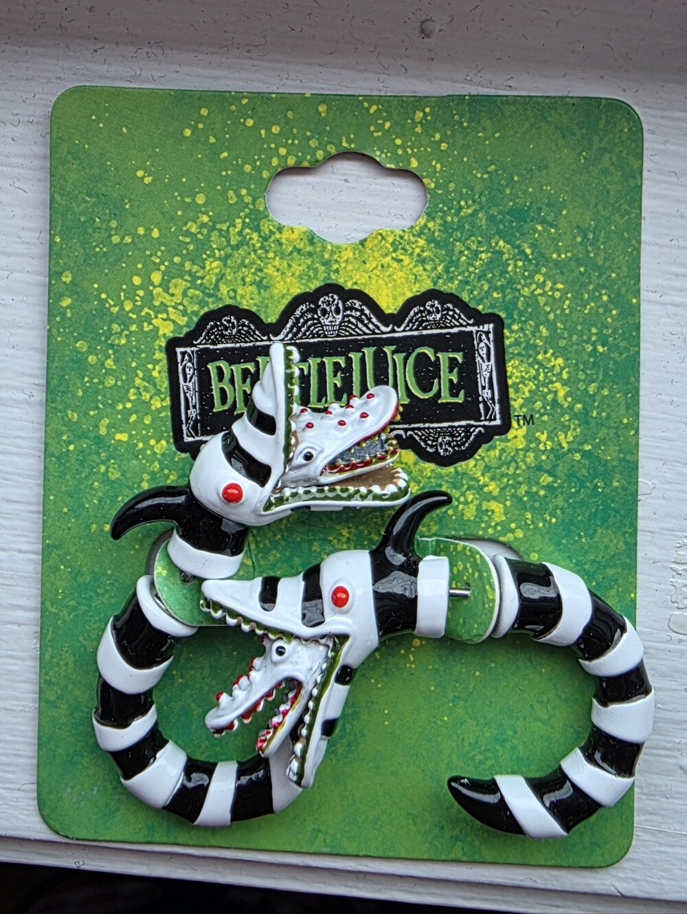 Beetlejuice Sandworm Black & White Enamel Earrings